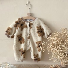 Lamb wool jumpsuit with teddy bear print hooded climbing suit