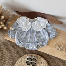 Crawler suit flower print blue checkered lace hollow doll collar