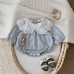 Crawler suit flower print blue checkered lace hollow doll collar