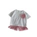 Love grid set short sleeved T-shirt+lace shorts for summer Love grid set short sleeved T-shirt+lace shorts for summer