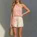Single shoulder striped printed top Bohemian casual