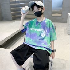 Cotton KidsShort Sleeve T-Shirt Summer New Style Children's Baby Half Sleeve Tie-Dye Round Neck Top for Middle and Older Kids Ins