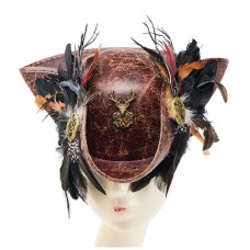 Punk Stage Performance Caribbean Pirate Costume Halloween Faux Leather Pirate Hat with Gear and Feather Triangular Hat Punk Stage Performance Caribbean Pirate Costume Halloween Faux Leather Pirate Hat with Gear and Feather Triangular Hat