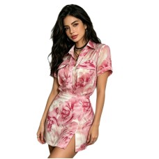 Rose print short sleeved slim slit set short skirt