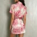 Rose print short sleeved slim slit set short skirt