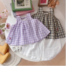 Baby girl summer outfit checkered shoulder strap two-piece set