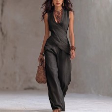 Sleeveless V-neck waist cinched top paired with wide leg pants set