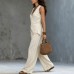Sleeveless V-neck waist cinched top paired with wide leg pants set Sleeveless V-neck waist cinched top paired with wide leg pants set