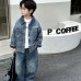 Children's Spring and Autumn plaid denim long sleeved three piece set