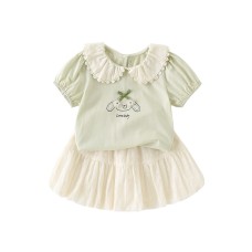 Cute Cartoon Short Sleeve with Ruffled Peter Pan Collar Two-Piece Set for Baby