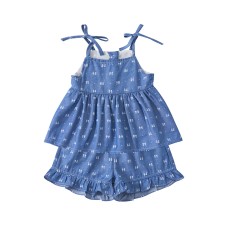 Lightweight Baby Girl Denim-Style Bow Set, Casual Printed Strap Top