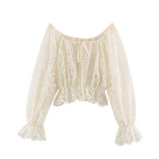 French square collar long sleeved bow lace top