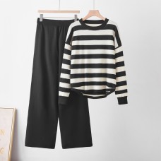 Color-blocked, Simple Design, Long Sleeve Casual Knitwear Set