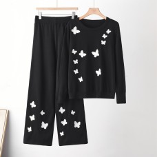 Chic Knitwear Set for Women, Casual Butterfly Embroidery Two-Piece Outfit, Lazy Style, Slim Fit