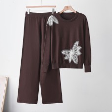 Chain Rhinestone Butterfly Decoration Round Neck Long Sleeve Wide Leg Knit Two-Piece Set for Women