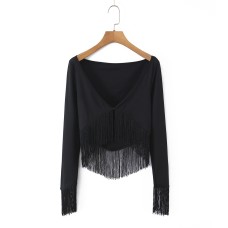 Vacation style high elasticity V-neck tassel top