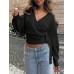 V-neck Knit Top Autumn Winter Irregular Tie Elegant Crop Top for Women