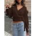 V-neck Knit Top Autumn Winter Irregular Tie Elegant Crop Top for Women