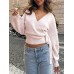 V-neck Knit Top Autumn Winter Irregular Tie Elegant Crop Top for Women