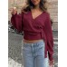V-neck Knit Top Autumn Winter Irregular Tie Elegant Crop Top for Women