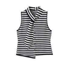 Casual sleeveless bow collar striped knit
