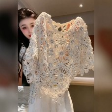 Heavy Embroidery Hollow Knit Beaded Mid-Sleeve Apricot Knit Top for Women, Loose Fit, Slimming, Elegant Casual Top Heavy Embroidery Hollow Knit Beaded Mid-Sleeve Apricot Knit Top for Women, Loose Fit, Slimming, Elegant Casual Top