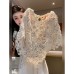 Heavy Embroidery Hollow Knit Beaded Mid-Sleeve Apricot Knit Top for Women, Loose Fit, Slimming, Elegant Casual Top