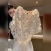 Heavy Embroidery Hollow Knit Beaded Mid-Sleeve Apricot Knit Top for Women, Loose Fit, Slimming, Elegant Casual Top