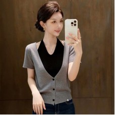 Strapless Faux Two-Piece Short Sleeve Knit Top for Women, Summer New Trendy Slimming and Flattering Unique Upper Wear Strapless Faux Two-Piece Short Sleeve Knit Top for Women, Summer New Trendy Slimming and Flattering Unique Upper Wear