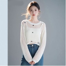 Summer round neck loose hollow top women's short base top fashionable knit top thin sequin