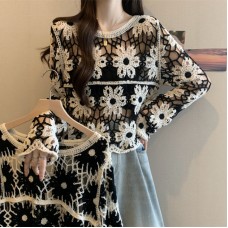 Fashionable Knitted Long Sleeve Top for Women, Spring Summer, Crochet Lace-Up Cover-Up, Slimming Outfit for Plus Size Fashionable Knitted Long Sleeve Top for Women, Spring Summer, Crochet Lace-Up Cover-Up, Slimming Outfit for Plus Size