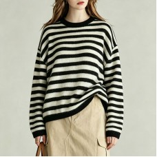 Round neck striped versatile contrasting simple knit top