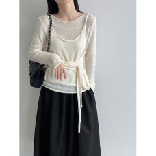 Wool Layered Tie-Front Long Sleeve Two-Piece Set for Women, Knit Top with Design Sense