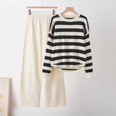 Striped color blocked loose long sleeved round neck two-piece set Striped color blocked loose long sleeved round neck two-piece set