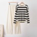 Striped color blocked loose long sleeved round neck two-piece set Striped color blocked loose long sleeved round neck two-piece set