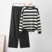 Striped color blocked loose long sleeved round neck two-piece set Striped color blocked loose long sleeved round neck two-piece set