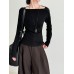 Asymmetric Button Off-Shoulder Long Sleeve High Elastic Basic Top Women's Autumn New Slim Fit Knitwear