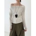 Asymmetric Button Off-Shoulder Long Sleeve High Elastic Basic Top Women's Autumn New Slim Fit Knitwear