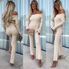 Set long sleeved one shoulder slim fit top casual long two-piece set for women Set long sleeved one shoulder slim fit top casual long two-piece set for women