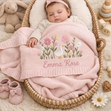 Cotton Knitted Baby Blanket with Embroidered Bear and Personalized Name, Soft Infant Car Seat Cover and Nap Blanket