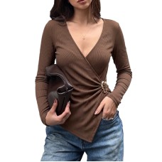 Solid color V-neck waist cinched metal buckle long sleeved top