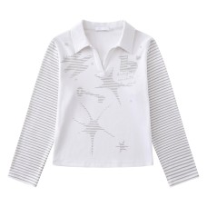 Star print polo collar long sleeved top for women