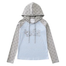 Color blocked hooded top with blue and white stripes and musical notes