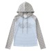 Color blocked hooded top with blue and white stripes and musical notes Color blocked hooded top with blue and white stripes and musical notes