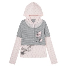 Hooded fake two gray striped short sleeved long sleeved top