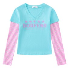 Retro fake two-piece layered long sleeved top with V-neck letters Retro fake two-piece layered long sleeved top with V-neck letters
