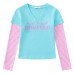 Retro fake two-piece layered long sleeved top with V-neck letters