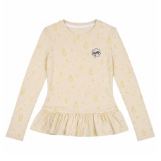 Round neck embroidered waist cinched lotus leaf hem base top