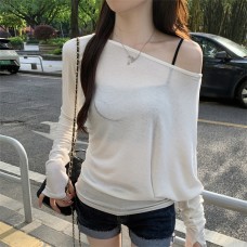 White Long Sleeve Batwing Asymmetrical Neck Loose Fit Lightweight Women's Sun Protection Top